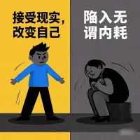 心理学上认为：人的思维方式决定了人的情绪。
面对同一件事、同一个问题，我们采用什
么样的思维方式来看待和处理？
习惯性强势思维的人，接受现实，改变自
己；而习惯性弱势思维的人，只会陷入无谓的内耗。配图