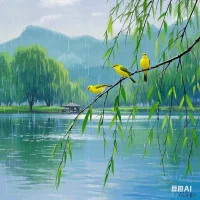 春雨绵绵润柳汀，
青山隐隐映波明。
青枝袅袅栖莺处，
念意悠悠伴风行。配图