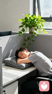 在中午的时候，职场人士可以适当午睡，这样有利于化解困顿情绪，还可以在工位上放些绿色植物，调节室内空气和情绪。配图