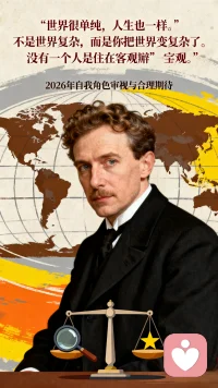 对于人生的意义，奥地利个体心理学创始人阿德勒这样说：“世界很单纯，人生也一样。不是世界复杂， 而是你把世界变复杂了。没有一个人是住在客观的世界里，我们都居住在一个各自赋予其意义的主观的世界。”
你可以审视自己2026年扮演何种角色，有着哪些合理的期待。你为这角色赋予的意义，从多方面决定了你2026年生活的走向。配图