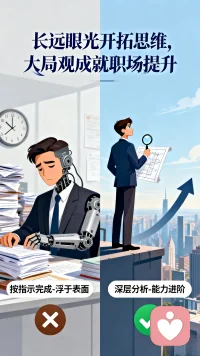 职场人用长远眼光去看待事情时，我们的大局观就能使我们开拓思维、提升能力，进而实现职场的岗位提升。比如领导交代的任务，如果我们只是按照指示完成每一项工作，那么我们的工作成果也是浮于表面的。但是如果我们拥有职场大局观，用长远的眼光去思考这个任务，那么我们就可以从更深层次去分析这个任务、结果， 找到任务的根本，拓宽我们的思维和眼界，进而提升我们为人处世的能力，最终实现我们的职场目标。配图