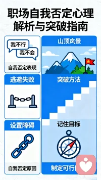 在职场上，大家交流或沟通时，是不是经常有人会说：“我不行”、“我不会”……之类的话，这些除了有谦虚的成分外，绝大部分都是因为自我否定的心理暗示造成的。为什么很多职场人会出现自我否定的事情呢？有一部分原因是为了逃避可能产生的失败后果，给自己设置一个障碍使自己无法完成此事，并将这个自己设置的障碍作为自己不成功的原因。要想突破这种心理困境，大家可以给自己制定一个可行的目标，要时刻记住自己的目标，有了目标就有了内在驱动力，在通往目标的道路上，才不容易被杂音所扰，最终收获山顶的风景。