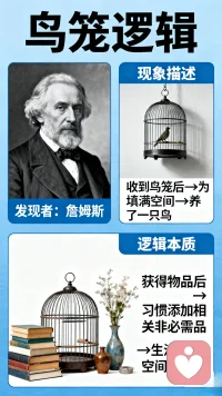 “鸟笼逻辑”最早由心理学家詹姆斯发现，因为别人送了一只鸟笼，所以养了一只鸟，指人们在获得一件物品后，总是习惯继续添加一些与之相关，但并不真正需要的东西，于是我们的生活空间或者心理空间被不断压缩。