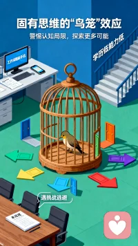 工作有闲暇就刷手机，学历低工作能力就低，遇到工作挑战就逃避……这些固有思维就像“鸟笼”，我们常常会装进与之相匹配的既有认知，好似那只小鸟。当按照固有的思维看待事物时，很容易忽视“鸟笼”之外的更多可能性。我们可以思考那些工作中所做的选择和决定，有多少是被固有思维所影响。