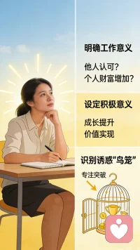 在开始每项工作前，要明确该项工作的意义是什么？是他人对自己的认可？还是个人财富的增加？你可以为工作设定更多积极的意义，并为之奋斗。明确这一点后，便可轻松看清工作中各种诱惑的“鸟笼”，让你少走弯路，集中力量在工作中实现更多突破。