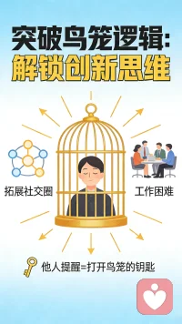 “鸟笼逻辑”让人的思想局限于当下的认知范围，进而形成盲点，不能产生创新思维，久而久之，就会失去创造力。你只有突破这种固有思维，方能解决问题，实现自我成长。工作中遇到困难，尝试一下发散思维，多问问其他同事的意见，博采众长，也可拓展自己的社交圈或者行业圈，以更大的视角审视自己的工作，也许他人的一句提醒，就是你打开“鸟笼”的钥匙。配图
