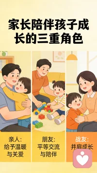 在孩子的成长过程中，作为家长，我们要做的是守护孩子健康、快乐的成长。那么，我们要以什么样的身份和角色陪伴孩子的成长呢？家长要扮演好“三重角色”：孩子的亲人、朋友和战友。配图
