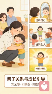家长是孩子的亲人，也是孩子的第一任老师，在建立起良好亲子关系的同时，还要引导孩子学会悦纳自己、悦纳别人、悦纳整个世界，帮助孩子建立起安全感、归属感和价值感。配图