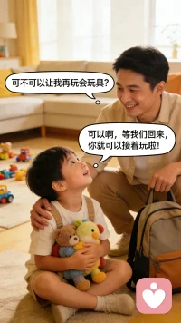 家长马上带孩子出门，孩子问：“可不可以让我再玩会玩具？”如果家长说：“不行！”就显得比较强势。此时，家长可以用“可以”来表达“不行”。如果这样回答：“可以啊，等我们回来，你就可以接着玩啦！”就显得柔和很多。家长营造出这样一种轻松互动的氛围，有利于减少亲子间的冲突，加强双方的信任感，当孩子出现心理问题时，更愿意与家长倾诉。配图