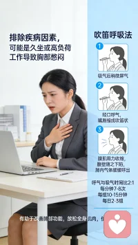 在日常工作中，大家有时会遇到这种情况：突然感到胸部憋闷。排除疾病的因素，这种问题有可能是长时间久坐或者高负荷的工作状态所致。大家可以试试“吹笛”呼吸法，进行缓解。每次吸气后稍微屏气，然后经口呼气，呼气时嘴唇缩成“吹笛状”，同时腹肌用力收缩，腹壁随之下陷，使肺内气体经口缓缓呼出。呼气与吸气时间比约为2:1，每分钟呼吸7-8次，每组10-15分钟，每日2-3组，有助于改善肺部功能，放松全身肌肉，使心情平静。配图
