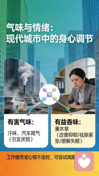 现代城市环境复杂，过高的工业化，造成不同程度的空气污染；我们每天上下班，或者在封闭的工作环境中，也会闻到各种各样的复杂的气味。人类对气味所传递的信息，非常敏感，直接作用于情绪。有些气味，如汗味或者汽车尾气，让人厌烦；有些气味，如香味，对于调节人的情绪、治疗疾病、保护人体身心健康，具有非常重要的作用。以下几种对身心有益的香味，大家在工作疲劳或心情不好之时，不妨闻一闻。薰衣草的味道，有助于改善抑郁症状、祛除紧张，缓解失眠的问题；香橙的味道，有助于消除不安感、抑制愤怒情绪，对提高工作效率也有帮助；薄荷的味道，可以帮助恢复体力，缓解疲倦感。配图