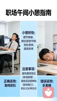 职场人工作节奏快，遇到紧急的项目，有可能从早忙到晚，身体处于持续紧张状态，此时在中午或者选择合适的时间小憩，有助于调节情绪和昼夜节律，使身体得到放松，提高工作效率。但要注意尽量不要趴着睡，这样会导致腹部受压，影响胃部和肠道的运转，也会压迫到视神经，影响视力。此外，午间小憩也不要过长，以20分钟左右为宜。