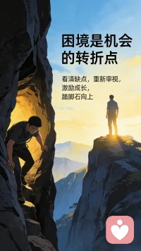 困境，是机会的转折点。困境对于我们来说，其实是能够让我们清楚地看到自己的缺点与局限性的机会，能够帮助我们重新审视自我，激励我们自我成长。困境仅仅只是一时的，是我们向上攀登的踏脚石。