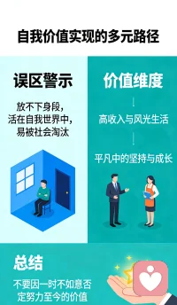 放不下身段，活在自我世界中，是一定会被这个社会所淘汰，被生活所抛弃的。自我价值的实现，不是只有高收入、风光无限的生活才能实现的。不要因为一时的不如意，就否定自己努力至今的成就或者价值。