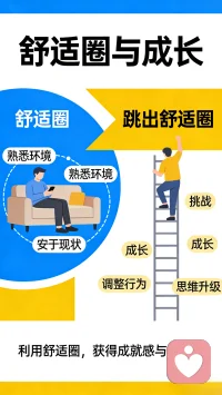 现实生活中，你是不是也遇到过这样的场景呢？因为“熟悉”了，所以不愿去“改变”。这种环境，在心理学上，我们称之为“舒适圈”。因为害怕改变，因为害怕改变会带来的未来的不确定性，所以很多人会选择“原地不动”安于现状。

但是，只有勇敢的跳出“舒适圈”，我们才能够自由生长。我们需要正视周围环境的改变，不断调整自己的行为方式和思维方式，向自己的“舒适圈”发起挑战，并且将“舒适圈”善加利用，只有这样，我们才能够获得更大的成就感和价值感，得到更大的满足和喜悦。配图