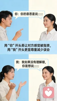 表达自己的意见的时候，要多用“我”开头，少用“你”开头。比如当你想说“你的意思是说……”的时候，换个表达方式，说“我如果没有理解错，你是想说……”因为用“你”来开头，会给对方一种，你在指责对方的感觉，虽然很有可能这不是你的本意，但是，误会往往就是这样产生的。
