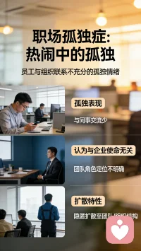 可有些职场人更喜欢独处、跟身边同事交流沟通较少，与热闹的职场氛围显得格格不入，凸显出一种孤独感。这种孤独感有可能是职场孤独症，它是指员工感觉到与同事、领导、组织及工作本身之间的联系不充分，而产生的孤独情绪。不同职位的人都有可能是孤独的，特别是某位职工认为自己和企业使命无关联，或者对自己的团队角色定位不明确，那么即使身边坐满了同事，也依然会感到孤独。职场孤独症有一定的扩散性，有可能会在团队或者企业组织结构之间隐匿扩散。配图