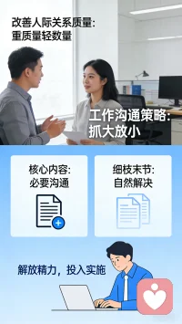 我们可以试着改善人际关系的质量，不用刻意维持人际关系的数量。在工作上沟通上，建议大家采取“抓大放小”的策略，将核心的工作内容作必要沟通，其他细枝末节的地方自然而然就解决了。我们可以解放更多精力，投入到工作实施上，而不必胡子眉毛一把抓，反而拖累自己，使自己疲惫。配图