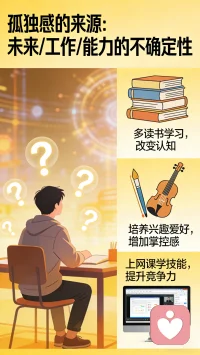 孤独感，有时是因为我们要面临太多的不确定性，比如对未来的不确定、对工作的不确定、对自身能力的不确定等等。我们可以通过多读书、多学习，改变我们对不确定的认知，提升核心竞争力，巩固自己在工作领域的位置。

在工作之余，培养一些兴趣爱好，让自己能够掌控的事情越来越多，你会越来自信。当今信息时代如此发达，可以选择网课，多学习一些技能，增加应对不确定性的底气。配图