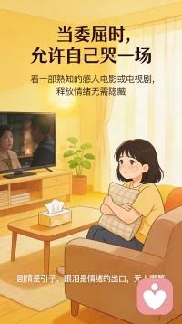 当你感到特别委屈，请不要默默忍受，可以观看一部熟知的、感人至深的电影或者电视剧。其中的剧情也许会让你流泪，甚至放声大哭。其实，你不一定是因为剧情而哭泣，而是电影或者电视剧引导你这样哭泣，而且很合理，没有人会嘲笑你。配图