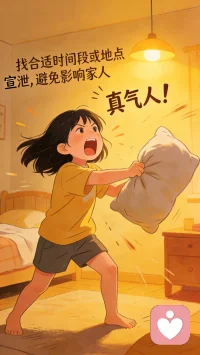如果你有愤怒的情绪，最好让自己发出声音。你可以一边砸枕头，一边喊：“真气人！”当你有声音的时候，愤怒情绪的能量就会被释放。如果不想影响到家人，你可以找一个合适的时间段或者地点进行情绪宣泄。配图