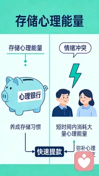我们可以想象在内心中，有一个“心理银行”，我们要养成在“心理银行”里存储心理能量的习惯。在工作和生活中，当大家的心理能量透支时，彼此间有时会爆发激烈的情绪冲突。这种情绪冲突，又会在短时间内消耗大量心理能量。此时需要我们从“心理银行”里快速提款，弥补心理能量透支的问题。配图