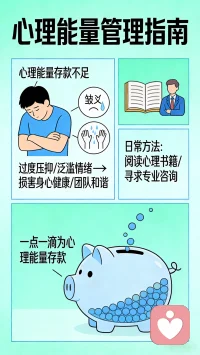 如果我们心理能量存款不足，又过度压抑情绪或者情绪泛滥。我们可以在日常中，多读一些心理方面的书籍，或者寻找专业的心理咨询师进行咨询，一点一滴地为心理能量存款。