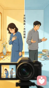 我们常站在一个视角，在这个视角下，以为只有自己是受害者。当我们像摄像机的镜头一样，两个人物都能看到的时候，内心也许就会释然。不同的角度，会看见不同的场景，会感受到不同的情绪，这就是理解。配图