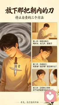 放下那把朝内的刀

你有没有发现，自责其实是一种最隐蔽的自伤？就像自己拿一把刀，一遍遍往心口捅，刀刃上没有别人的血，只有自己的。

长期的内疚改变不了过去，只会一点点消耗现在的你。这无异于温柔的慢性自杀。

怎么停下来？分享三个我验证过的方法。

第一，转移注意力。 当自责涌上来，立刻起身做一件具体的小事——喝杯水、走几步、擦一下桌子。身体一动，思维的死循环就被打断了。

第二，内观自己。 停下来问三个问题：我是谁？我在哪？我在做什么？这一问，就能把你从情绪的漩涡里拉出来，让你看清“此刻在自我惩罚的那个人”并不是全部的真相。

第三，正视核心恐惧。 问自己：如果我放下这份自责，最害怕的是什么？怕对不起谁？怕失去联结？当你真的看清楚，那个恐惧就开始松动。

看见，就是疗愈的开始。你愿意放下那把朝内的刀吗？伤口，才能真正愈合。配图