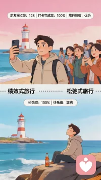 去哪些网红地打卡，拍哪些照片，希望朋友圈有多少人点赞。这种像工作一样，对旅行进行量化的做法，也许能带来一种充实感或者获得感。但这种类似完成工作的行为，相当于用一张“绩效表”去检验旅行是否及格，使我们不太容易摆脱工作惯性的束缚，难以体验到游玩的松弛感，反而让人感到疲惫、乏味。