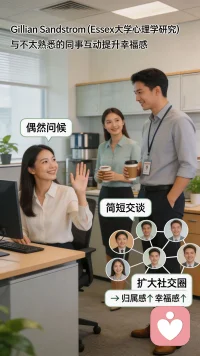 根据英国Essex大学心理学的高级讲师Gillian Sandstrom的一项研究，与那些不太熟悉甚至陌生人的互动或许是提升幸福感的秘诀之一。

在工作中，与那些不太熟悉的同事的互动，例如一次偶然的交谈，一句简短的问候，无形中扩大了你在公司中的社交网络，增加了归属感，也许还可以提高你工作的幸福感。配图