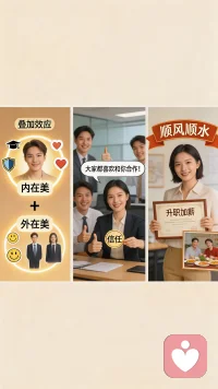 当一个人同时拥有内在美和外在美时，就会产生叠加效应，会让她/他在工作和生活上获益更多。例如，有高学历、能担当，颜值还高的同事，更容易被其他同事接受和喜爱，也更容易获得信任。所以，我们可以挖掘自己的优秀品质，不断提升自己的吸引力，让自己的工作和生活更加顺风顺水。配图