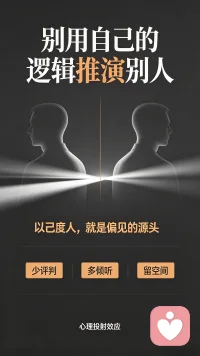 总有人习惯拿自己的逻辑去推演别人。
可最后推出来的，大多只是偏见。
既隔绝了共情，也彻底堵住了互相理解的路。
心理学里，这叫心理投射效应。
说白了就是以己度人。
把自己的情绪、想法、性格，全部套在别人身上。
固执认定：我是这样，别人理所应当也该是这样。
这种下意识的主观揣测，
就是为人修养里，看不见的暗礁。
想要避开投射带来的误解，
核心要练好克制自己的本事。
遇到和自己处事、想法截然不同的人，
先压住心里急于评判、下定义的冲动。
别急着否定，多去了解对方行为背后的缘由。配图