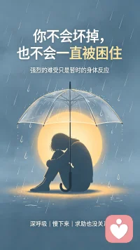 惊恐发作袭来的滋味，真的太煎熬。胸口发闷刺痛，手脚发麻，天旋地转，体会过一次，就再也不想经历。

但请你牢牢记住：这种难受大多是功能性的，心脏不会实质受损，大脑不会出问题，你也不会当场晕倒。所有强烈的躯体感受都是短暂的，如同骤来的雷雨，来得汹涌，终会慢慢退去。

风雨散尽，生活依旧如常。没有人会永远困在恐慌里，大多数人都可以走出这段低谷，熬过之后，前路会平缓很多。

不必逼自己硬撑，也不必强迫自己快速痊愈。该求助就求助，该休息就好好歇着，遵从医嘱该用药就用药。多包容自己，给身体一点修复时间，那份松弛安稳，或许就藏在下一次深呼吸当中。