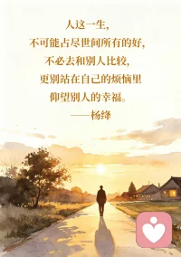 人这一生，不可能占尽世间所有的好，不必去和别人比较，更别站在自己的烦恼里仰望别人的幸福。—— 杨绛 ​​​