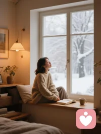 今天外边下雪啦！窗外的雪不急。一片没落完，下一片也不催。它们就那样自己飘自己的，落在哪儿是哪儿。

忽然觉得，也许人也可以这样。

不用急着好起来，不用急着有答案。就在这一刻，站着，看着，让时间像雪一样，轻轻地落在身上。配图