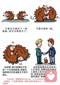 刺猬效应：冬天刺猬们为了取暖会挤在一起，但靠太近会被彼此的刺扎到，离太远又会冷，最后它们找到一个合适的距离，既温暖又不受伤。这启示我们，在人际交往中，即使是亲密的关系也需要保持一定的心理距离，太过亲近容易产生矛盾，过于疏远则会让关系变得冷漠。