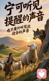 你是喜欢听提醒的声音 还是迎合的声音？

你有没有发现一个很奇怪的现象？很多时候，人更容易相信安慰自己的人，却很难接受提醒自己的人。


有一个寓言说的是一只羊的故事。有一天，一只羊蹲在角落里哭得很伤心，因为牧人刚刚严厉地责备了他几句。原因很简单，这只羊总喜欢离开羊群，到处乱跑，有时候甚至跑到山坡的边缘。牧人看见了就把他赶回来，还严厉地说了他几句。


可这只羊越想越委屈！他心里嘀咕：我不过是想多走几步路，为什么总是管着我呢？就在这时，一只狼悄悄地靠近了。狼的声音很温柔，他轻声说：你看那个牧人多凶，你不过是想自由一点，他就处处限制你。你难道没发现吗？他不是保护你，他是在控制你。这些话一句一句正好说到羊的心里。


羊越听越觉得有道理，于是这只羊拉拢了几只同样心里不舒服的羊。大家越聊越觉得委屈，最后他们竟然做了一个决定：离开这个牧人，自己重新组织一个羊群。于是呢，这群羊真的离开了原来的羊群，跑到山谷的另一边，开始过自己的生活。


就在那一天的夜里，狼突然露出了真正的面目，锋利的獠牙在月光下闪着寒光。他猛然地扑进羊群，直到那一刻，这些羊才突然明白：原来那个一直顺着他们说话的，从来不是朋友，而是一直在等他们离开保护的那一天。只是那时候已经太晚了。


今天我们身边是不是也有这样的人呢？如今的狼变得越来越狡猾了。他是先用温柔的话靠近你，让你开始怀疑那一个一直保护你的人。这个世界上最危险的诱惑往往不是用凶狠的方式出现，而是用理解、同情和迎合的方式出现。


真正看顾你的人，有时候会提醒你、纠正你，甚至会让你不太舒服。这些提醒其实是在帮你守住一条路。请记住一句话：宁可听见提醒的声音，也不要只听见迎合的声音。无论什么时候都不要轻易地离开羊群。配图