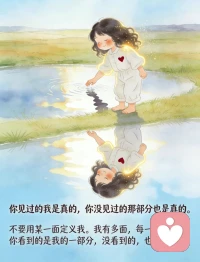 人生没有标准答案
早上还在精心摆盘，
晚上就瘫在沙发吃外卖；
今天热爱社交，明天只想独处。
这不是分裂，这是真实。
矛盾，不是需要修复的裂缝，
而是我们每个人内在的结构。
接纳这些矛盾，
停止用“标准答案”审判自己，
才是与自己和解的开始。
和解，不是变得完美，
而是允许自己同时拥有认真和凑合、精致和懒散、坚强和脆弱。
以下9张卡片，
送给正在学习与自己和解的你。
你见过的我是真的，
你没见过的那部分也是真的。
人生是旷野，不是轨道。
允许自己偶尔脱轨，
允许自己“没用”，
允许自己暂时不好。
我们不用活成标准答案。