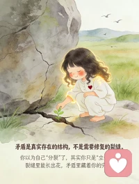 人生没有标准答案
早上还在精心摆盘，
晚上就瘫在沙发吃外卖；
今天热爱社交，明天只想独处。
这不是分裂，这是真实。
矛盾，不是需要修复的裂缝，
而是我们每个人内在的结构。
接纳这些矛盾，
停止用“标准答案”审判自己，
才是与自己和解的开始。
和解，不是变得完美，
而是允许自己同时拥有认真和凑合、精致和懒散、坚强和脆弱。
以下9张卡片，
送给正在学习与自己和解的你。
你见过的我是真的，
你没见过的那部分也是真的。
人生是旷野，不是轨道。
允许自己偶尔脱轨，
允许自己“没用”，
允许自己暂时不好。
我们不用活成标准答案。