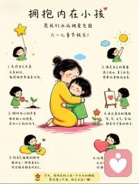 内在小孩，六一儿童节快乐 ❤️
 
心理学里有一个概念叫「内在小孩」。
它不是指真正的小孩，
而是我们内心那些真实的感受、需要和渴望。
 
那些被忽略的委屈，
不敢表达的难过，
渴望被爱、被看见的部分，
都住在那里。
 
六一儿童节，
是每一个人，
重新拥抱自己的日子。
 
愿你允许天真，
允许脆弱，
允许快乐。
愿你与自己的关系，
越来越温柔。