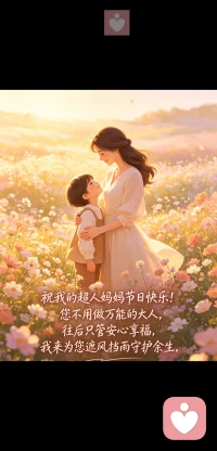 祝我的超人妈妈节日快乐！您不用做万能的大人，往后只管安心享福，我来为您遮风挡雨守护余生。