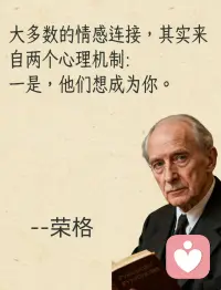 荣格的情节爱情观：所有深爱过的人，都会以另一种方式永生。所谓永生，有时并不是另一个人永远留在原地。而是他曾让你成为过某种样子，而那种样子后来留了下来。 所谓“分开后，我被你改变的那一部分代替了你陪在了我的身边”你后来那些说不清的反应，往往都是旧关系的回声。配图