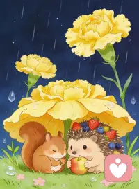 雨把世界按下静音键，花却悄悄撑起了屋顶。
小松鼠的尾巴像一条软围巾，小刺猬的背是一枚带刺却温暖的灯笼；
它们挤在一起，像两颗截然不同的心，在同一朵花下听见彼此的心跳。
别怕，雨声其实是天空在练习温柔——
等花瓣收拢水珠，你会发现：
所有尖锐的刺，都曾被柔软的云轻轻吻过。