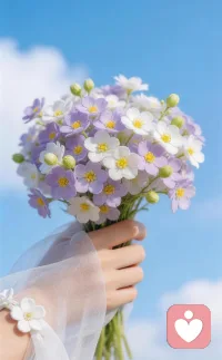 正午的风裹着云朵的甜，
把一束紫白的温柔，递到掌心。
蓝天为幕，云影作伴，
连时光都慢成了，花与阳光的私语。
原来最治愈的瞬间，
不过是此刻，手握繁花，心向晴朗。配图