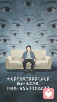 你有没有发现，
你的累不是做了很多事之后的累，
而是什么都没做、却好像一直在应付什么的那种累。
你在应付的是什么呢？
是别人的期待，还是那个不允许自己停下来的声音？配图