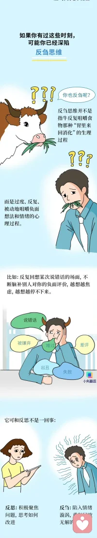 【#為什么總在睡前想到尷尬的事#？】#不要反芻自己的失誤#  開會說錯話、吵架沒贏、戀愛分手、上學時的“嘉豪”行為——你是不是也常常被自己的“腦內小劇場”折磨？心理學上，這叫反芻思維：一種反復、被動地“咀嚼”負面情緒的過程。它讓人越想越焦慮、越想越自責，卻從不帶來真正的答案。反思能讓你成長，“反芻”只會讓你困在原地。戳圖看看怎么辦↓↓配圖