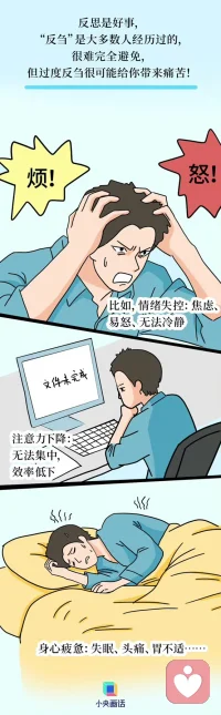 【#為什么總在睡前想到尷尬的事#？】#不要反芻自己的失誤#  開會說錯話、吵架沒贏、戀愛分手、上學時的“嘉豪”行為——你是不是也常常被自己的“腦內小劇場”折磨？心理學上，這叫反芻思維：一種反復、被動地“咀嚼”負面情緒的過程。它讓人越想越焦慮、越想越自責，卻從不帶來真正的答案。反思能讓你成長，“反芻”只會讓你困在原地。戳圖看看怎么辦↓↓配圖