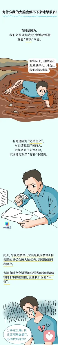 【#為什么總在睡前想到尷尬的事#？】#不要反芻自己的失誤#  開會說錯話、吵架沒贏、戀愛分手、上學時的“嘉豪”行為——你是不是也常常被自己的“腦內小劇場”折磨？心理學上，這叫反芻思維：一種反復、被動地“咀嚼”負面情緒的過程。它讓人越想越焦慮、越想越自責，卻從不帶來真正的答案。反思能讓你成長，“反芻”只會讓你困在原地。戳圖看看怎么辦↓↓配圖