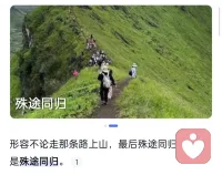 ??“林中多歧路,殊途而同歸”意思是:“樹林中有很多條分叉的路，但是即使路不一樣但是目的地都是同一個(gè)。
?? 路徑差異:不同的人或事物可能選擇完全不同的路徑(如有人選擇崎嶇小道，有人選擇平坦大道)，但最終都能抵達(dá)山頂。
?? 目標(biāo)一致:雖然過程迥異，但終點(diǎn)相同，體現(xiàn)”方法可異，目標(biāo)唯一”的哲學(xué)思想。
?? 人生選擇:不同職業(yè)路徑(如科研、創(chuàng)業(yè)、公務(wù)員)最終都指向?qū)崿F(xiàn)自我價(jià)值這一目標(biāo)。配圖